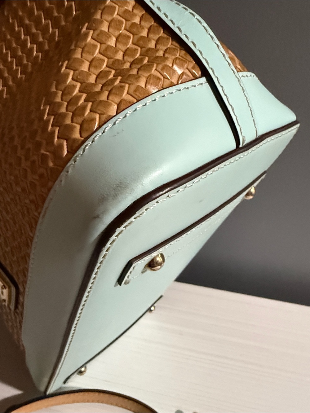 Dooney & Bourke Beacon Woven Domed Satchel in a pale blue/aqua and tan $295 - Picture 6 of 12